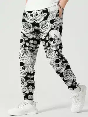 Monochrome Gothic Skull Rose Butterfly Men's Sweatpants