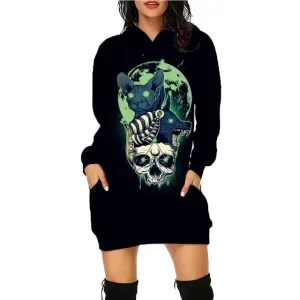 Moonlit Skull Sphynx Cat Drip Gothic Art Hoodie Dress