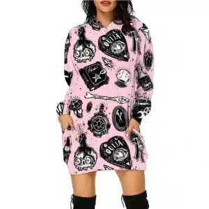 Mystical Occult Skull Symbols Pattern Pink Hoodie Dress