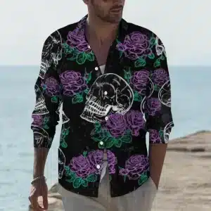 Negative Skull Purple Rose Men’s Long Sleeve Dress Shirt