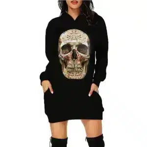 Ornate Floral Skull Art Black Gothic Hoodie Dress