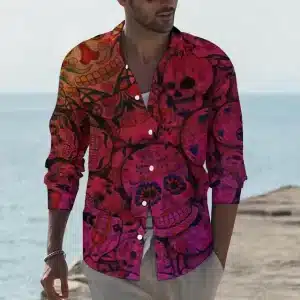 Pink Calavera Sugar Skulls Art Men’s Long Sleeve Dress Shirt