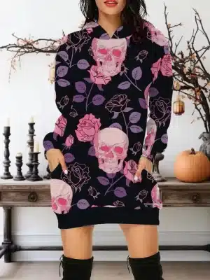 Pink Skull Roses Gothic Floral Black Women's Hoodie Dress