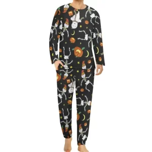 Playful Dancing Skeletons Pumpkin Black Men’s Pajamas Set