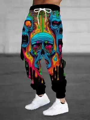 Psychedelic Multicolor Dripping Acid Skull Men's Sweatpants