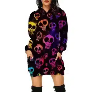 Rainbow Skull Pattern All-Over Print Hoodie Dress