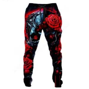 Red-Eyed Cyber Skull Red Rose Print Men's Joggers