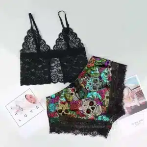 Sexy Lace & Sugar Skull Print Women’s Pajamas Set