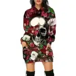 Silver Skull Red Floral Blossom Art Hoodie Dress