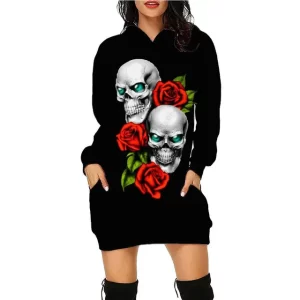 Smirking Skull Rose Flower Art Horror Women's Hoodie Dress