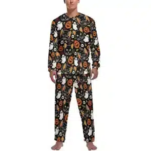 Spooky Cat Pumpkin Skull Halloween Men’s Pajamas Set