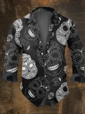 Sugar Skull Paisley Print Black Men’s Long Sleeve Dress Shirt