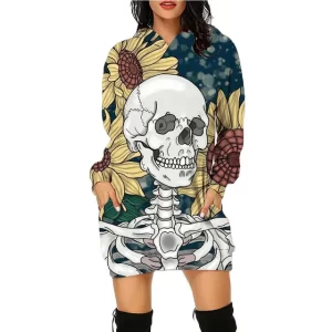 Sunflower Floral Skeleton Print Women's Hoodie Dress