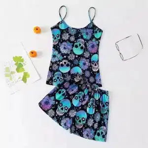 Vibrant Blue Gradient Floral Skull Black Women’s Pajamas Set