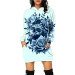 Vibrant Blue Rose Skull Gothic Women's Hoodie Dress