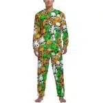 Vibrant Brown and Green Skull Pattern Men’s Pajamas Set