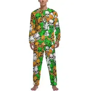 Vibrant Brown and Green Skull Pattern Men’s Pajamas Set