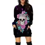 Vibrant Crowned Skull Rose Dagger Hoodie Dress