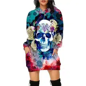 Vibrant Multicolor Gradient Skull Roses Art Hoodie Dress