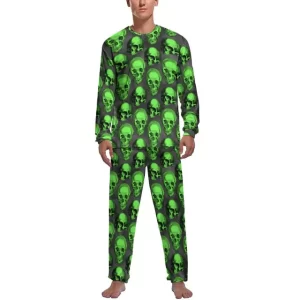 Vibrant Neon Green Skull Pattern Men’s Pajamas Set