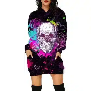 Vibrant Neon Skull Heart Roses Splatter Hoodie Dress