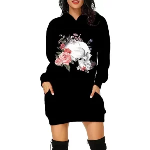 Vibrant Pink Rose Side-View Skull Art Women's Hoodie Dress