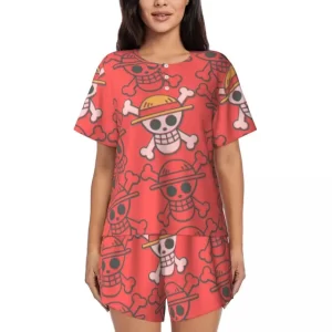 Vibrant Red Straw Hat Pirate Skull Women’s Pajamas Set