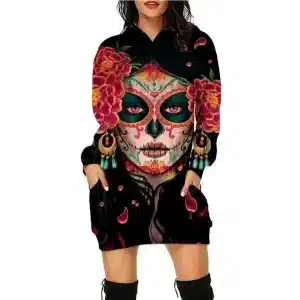 Vibrant Sugar Skull Calavera Lady Art Black Hoodie Dress