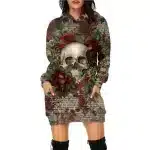 Vintage Rose Skull Textured Letter Print Hoodie Dress