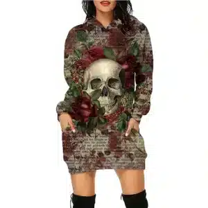 Vintage Rose Skull Textured Letter Print Hoodie Dress