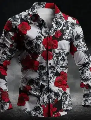 Vintage Skull Red Floral Rose Men’s Long Sleeve Dress Shirt