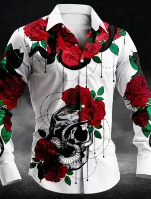 White Gothic Skull Snake Rose Men’s Long Sleeve Dress Shirt