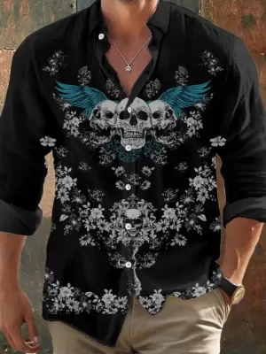 Winged Skull Floral Art Black Men’s Long Sleeve Dress Shirt