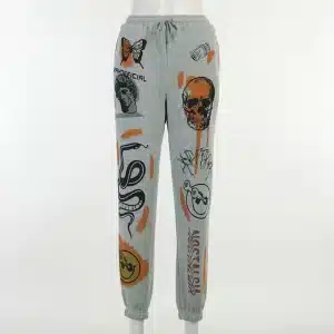 Gothic Abstract Skull Drip Print Beige Women’s Sweatpants