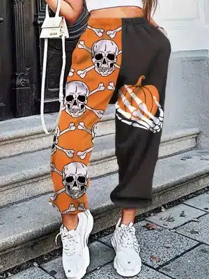 Orange and Black Skull Bones Pumpkin Women’s Sweatpants