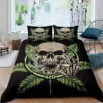 420 Cannabis Leaf Smoking Skull Icon Black Bedding Set