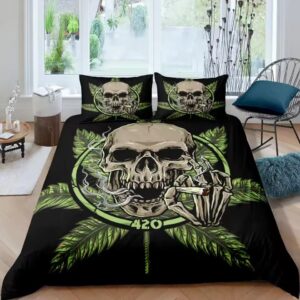 420 Cannabis Leaf Smoking Skull Icon Black Bedding Set