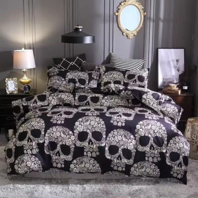 Abstract Floral Skull Heads Icon Pattern Bedding Set