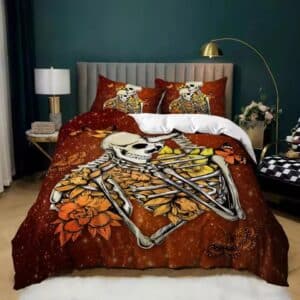 Autumn Skeleton Couple Floral Butterfly Orange Bedding Set