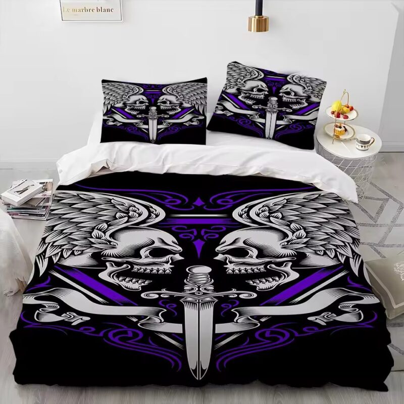 Black Purple Gothic Twin Skull Dagger Wings Bedding Set