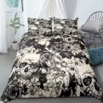 Black & White Floral Rose Gothic Skull Art Bedding Set