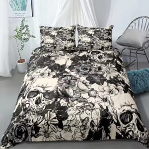 Black & White Floral Rose Gothic Skull Art Bedding Set