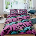 Bold Purple & Blue Stacked Skulls Gothic Art Bedding Set