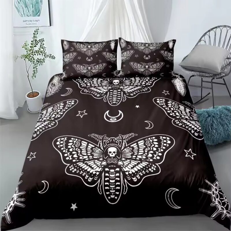 Celestial Gothic Death Skull Butterfly Black Bedding Set