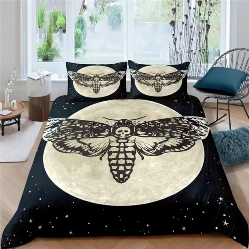 Celestial Night Full Moon Death Moth Skull Bedding Set