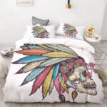 Colorful Tribal Skull & Feather Headdress Boho Bedding Set