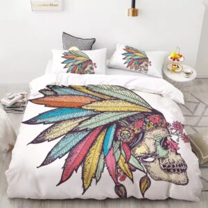 Colorful Tribal Skull & Feather Headdress Boho Bedding Set