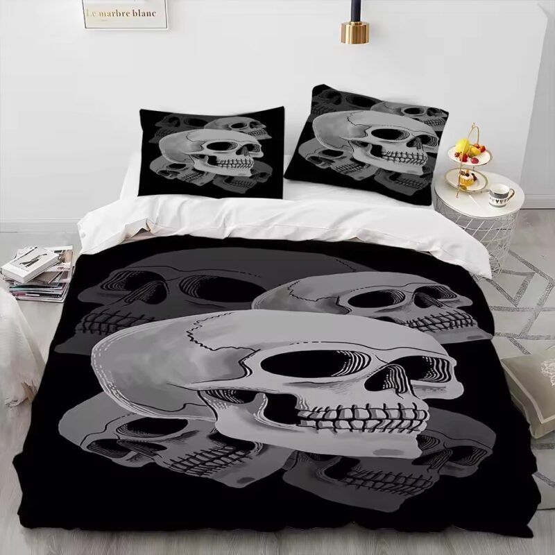 Dark Edgy Monochrome Skull Illusion Art Black Bedding Set