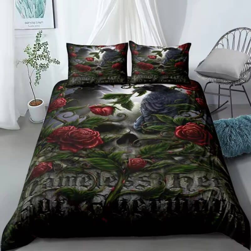 Dark Floral Gothic Skull Raven Garden Tombstone Bedding Set