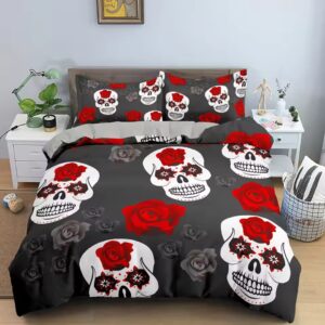 Dark Romance Red Rose Sugar Skull Print Gothic Bedding Set